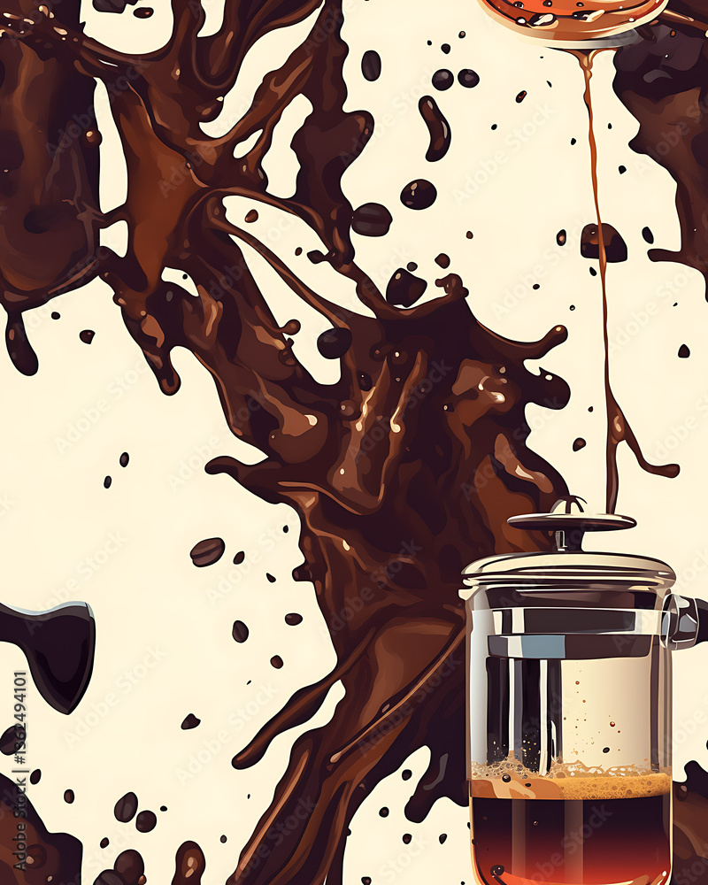 seamless pattern Realistic and artistic illustrations of coffee beans, brewing equipment, coffee cups for background or wallpaper