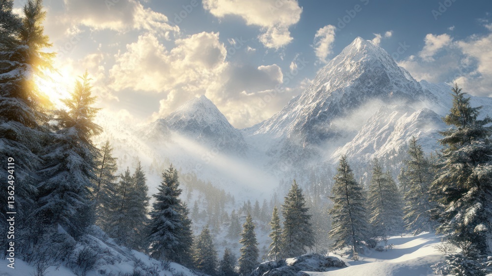 Obraz premium Snowy mountain range at sunrise, frosted trees, tranquil winter scene