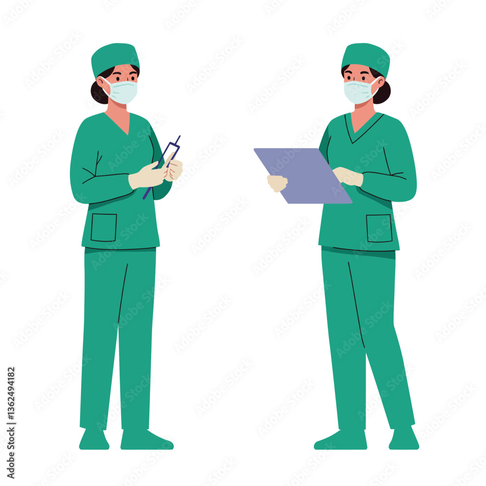 Medical professional in scrubs holding scissors and clipboard, minimal vector illustration Medical professional in scrubs holding scissors and clipboard, minimal vector illustration