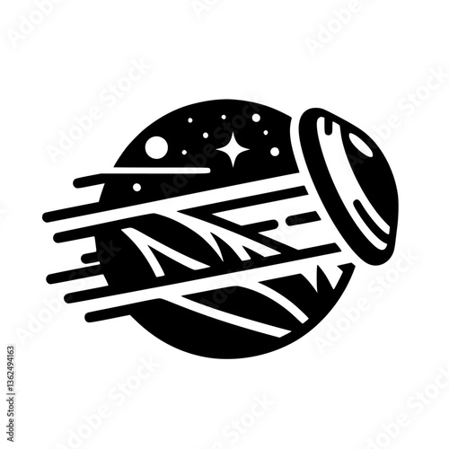 A minimalist black and white illustration of a spaceship-like form, with a detailed interior, bursting from a cosmic sphere filled with stars and an artistic design.