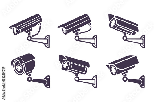 Minimal Security CC Camera Set Silhouette Vector Illustration featuring modern surveillance camera icons in clean, simple black shapes perfect for security systems, apps, signage, or infographics.