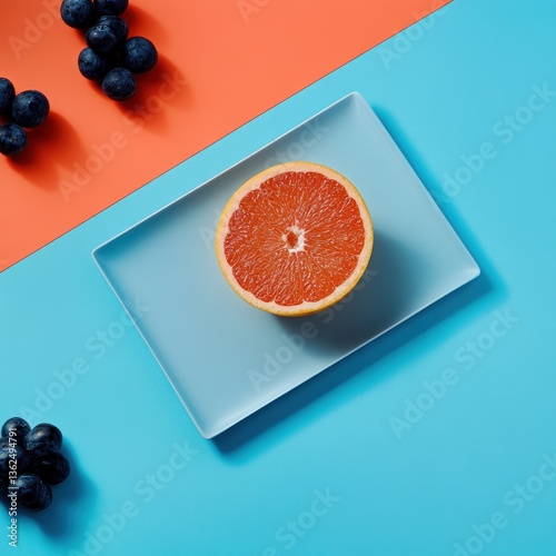 Grapefruit slice on plate with blueberries, vibrant color contrast background