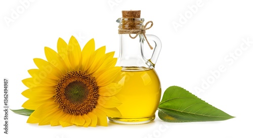 Sunflower oil in a glass bottle with a sunflower, healthy vegetable oil ingredient for cooking and dieting, natural and organic