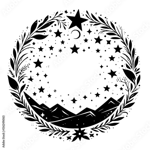 Celestial nightscape mandala: A serene, black and white illustration featuring stars, mountains, a crescent moon, and surrounding foliage in a circular frame.