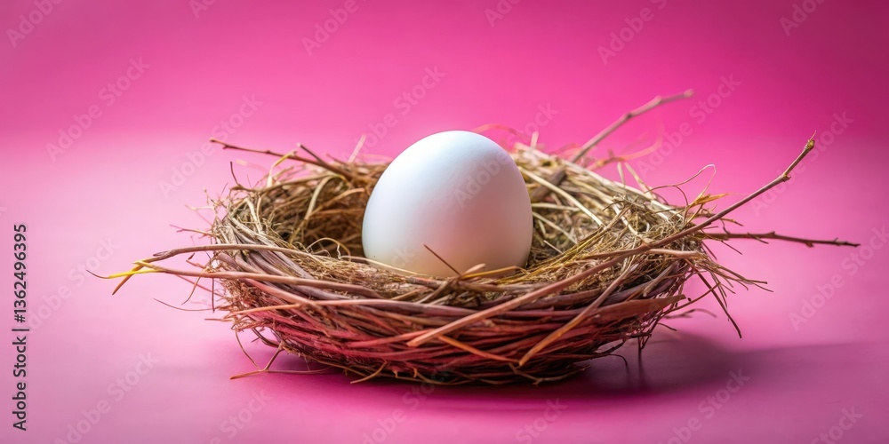 A single white egg nestled in a woven nest of twigs and dry grass against a vibrant pink background. A single white egg nestled in a woven nest of twigs and dry grass against a vibrant pink background.