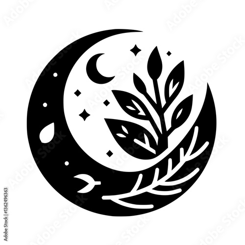 A minimalist black and white design featuring a crescent moon, stars, and leafy branches, conveying a sense of night and nature's beauty.