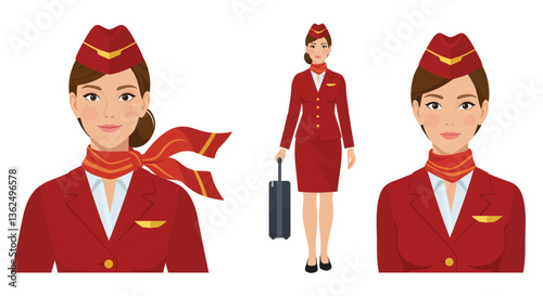 Flight attendant character design in flat style showcasing changes in attire and pose vector illustration