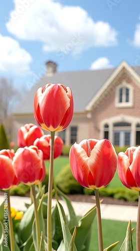 Red tulips with spring house, and garden. photo
