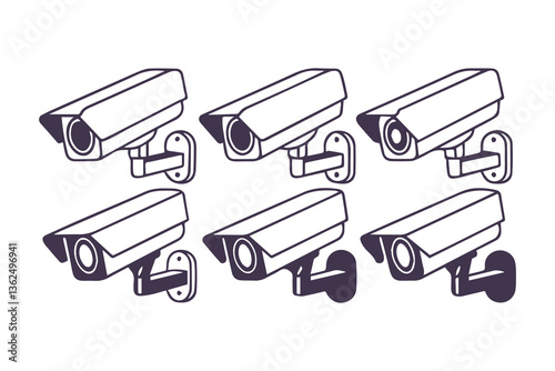 Minimal Security CC Camera Set Silhouette Vector Illustration featuring modern surveillance camera icons in clean, simple black shapes perfect for security systems, apps, signage, or infographics.