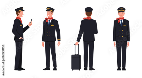 Flight attendant character in various poses, flat design style, vector illustration