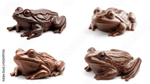 Four milk chocolate frogs isolated on white.