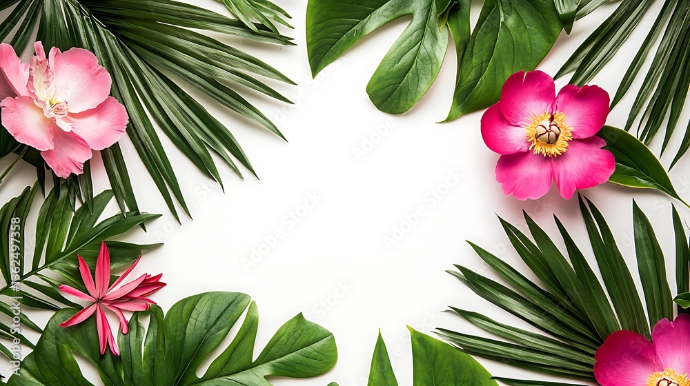 Obraz premium 熱帯の花と葉の白いフレーム