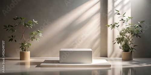 Wallpaper Mural Minimalist product display with a white platform and two potted plants in a sunlit room. Torontodigital.ca