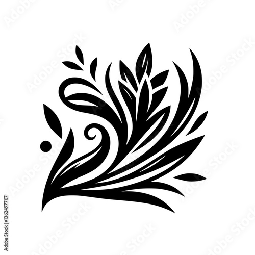 Elegant Monochrome Floral Motif: A symmetrical design featuring stylized leaves and graceful curved lines, set against a pure white background, creating a balanced and artistic composition.