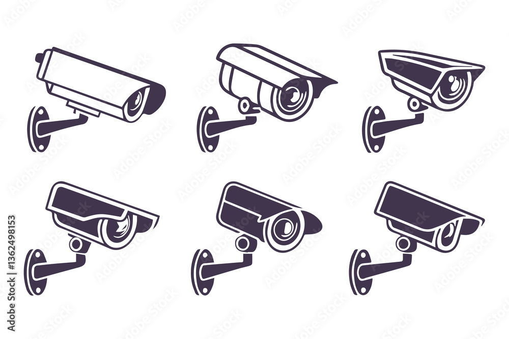 Minimal Security CC Camera Set Silhouette Vector Illustration featuring modern surveillance camera icons in clean, simple black shapes perfect for security systems, apps, signage, or infographics. Minimal Security CC Camera Set Silhouette Vector Illustration featuring modern surveillance camera icons in clean, simple black shapes perfect for security systems, apps, signage, or infographics.