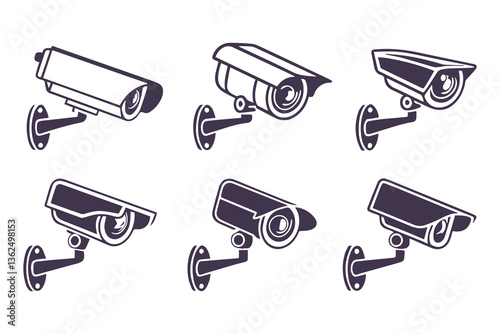 Minimal Security CC Camera Set Silhouette Vector Illustration featuring modern surveillance camera icons in clean, simple black shapes perfect for security systems, apps, signage, or infographics.