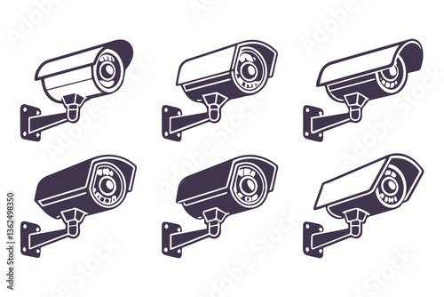 Minimal Security CC Camera Set Silhouette Vector Illustration featuring modern surveillance camera icons in clean, simple black shapes perfect for security systems, apps, signage, or infographics.