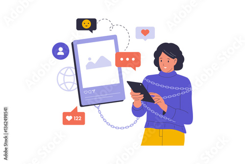 Social Media Addiction Illustration. Illustrations for websites, landing pages, mobile apps, posters and banners