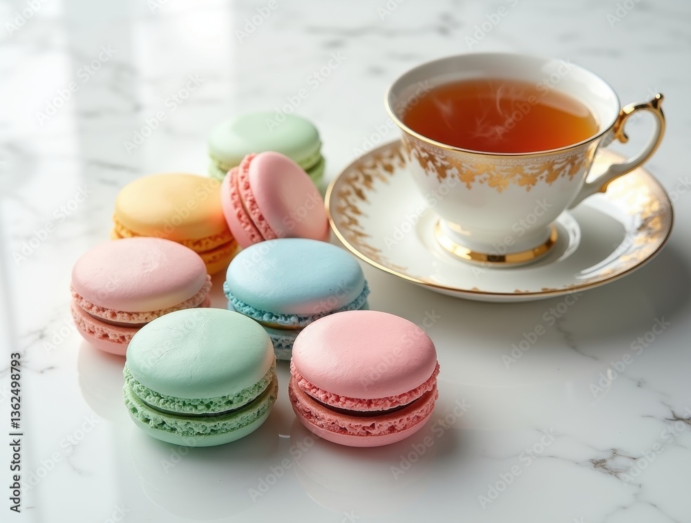 Obraz premium Delicate macarons arranged with a cup of tea