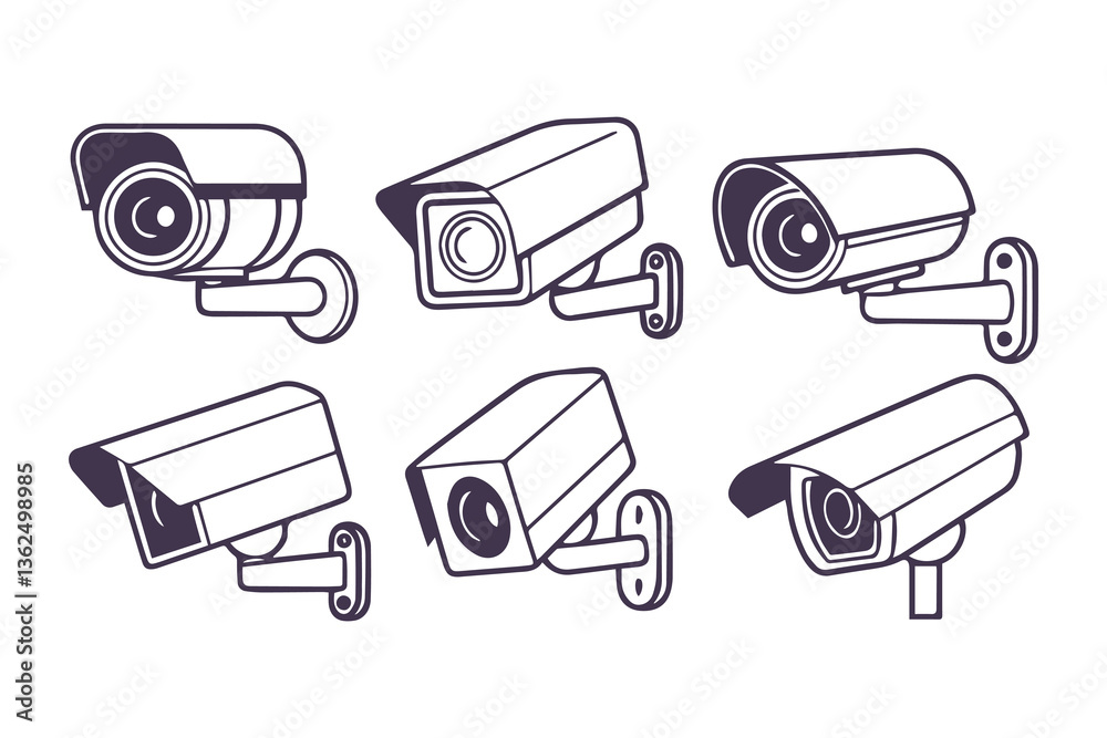 Minimal Security CC Camera Set Silhouette Vector Illustration featuring modern surveillance camera icons in clean, simple black shapes perfect for security systems, apps, signage, or infographics.