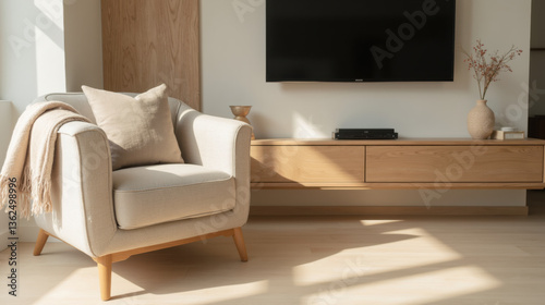 Cozy armchair with soft throw, modern decor, and TV setup