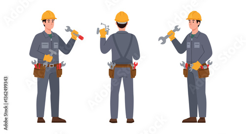 Skilled worker in uniform holding tools in three poses flat vector illustration