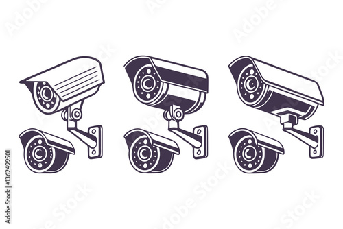 Minimal Security CC Camera Set Silhouette Vector Illustration featuring modern surveillance camera icons in clean, simple black shapes perfect for security systems, apps, signage, or infographics.