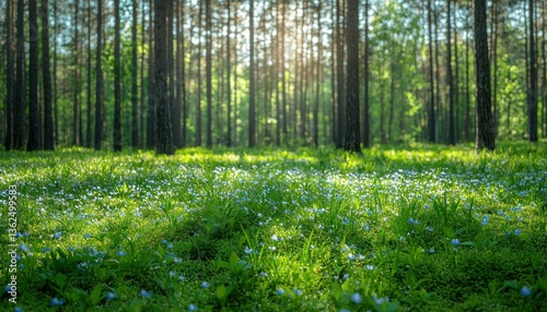 Sunlit Forest Floor: A Tapestry of Green and Blue