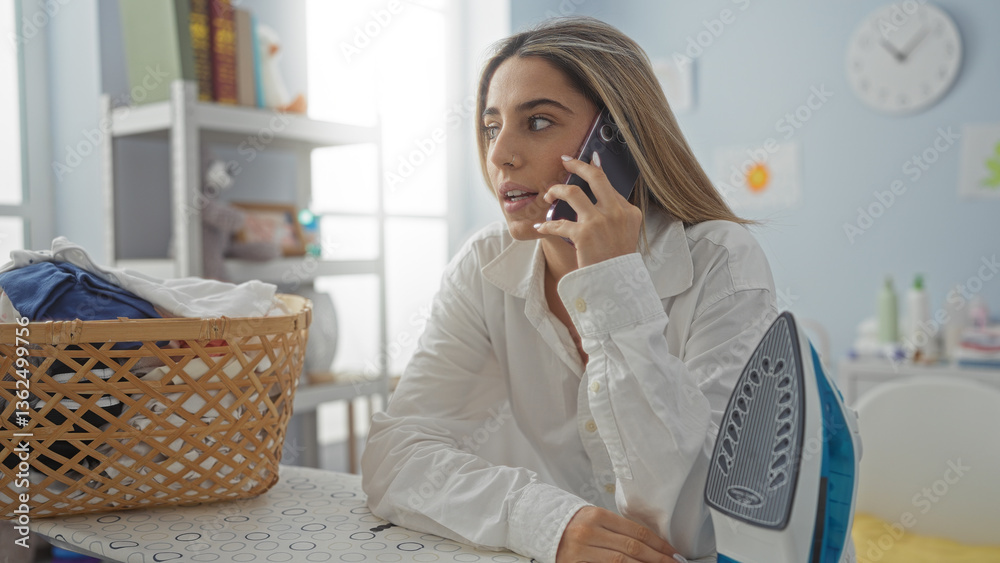 Woman talking on phone in laundry room with ironing board and basket, featuring modern indoor setup with casual attire and bright, well-lit interior.