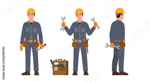 Construction worker in flat style showcasing tools and poses in vector art