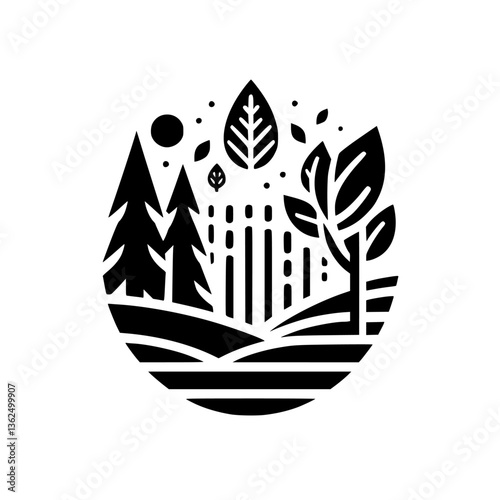 A stylized black and white minimalist landscape illustration, enclosed within a circle, portraying nature's elements such as trees, leaves, hills, sun and dots.