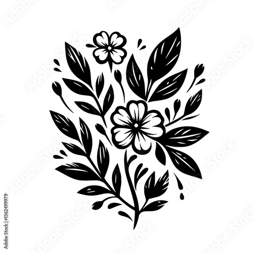Elegant black and white floral illustration featuring stylized blossoms, leaves, and buds arranged in a symmetrical design against a clean white backdrop.