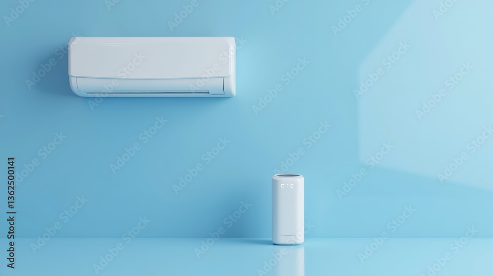 Modern air conditioning unit on blue wall with sleek design. minimalist aesthetic enhances room ambiance Modern air conditioning unit on blue wall with sleek design. minimalist aesthetic enhances room ambiance