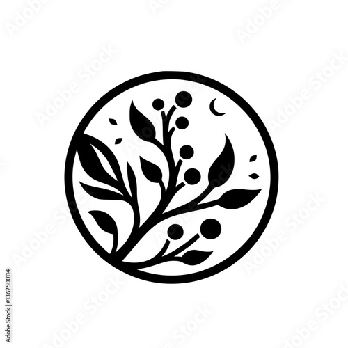 Minimalist Black and White Emblem: A stylized botanical arrangement enclosed within a circle, featuring leaves, berries, and a crescent moon.