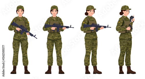 Military woman character transformation in flat vector illustration style for diverse scenarios