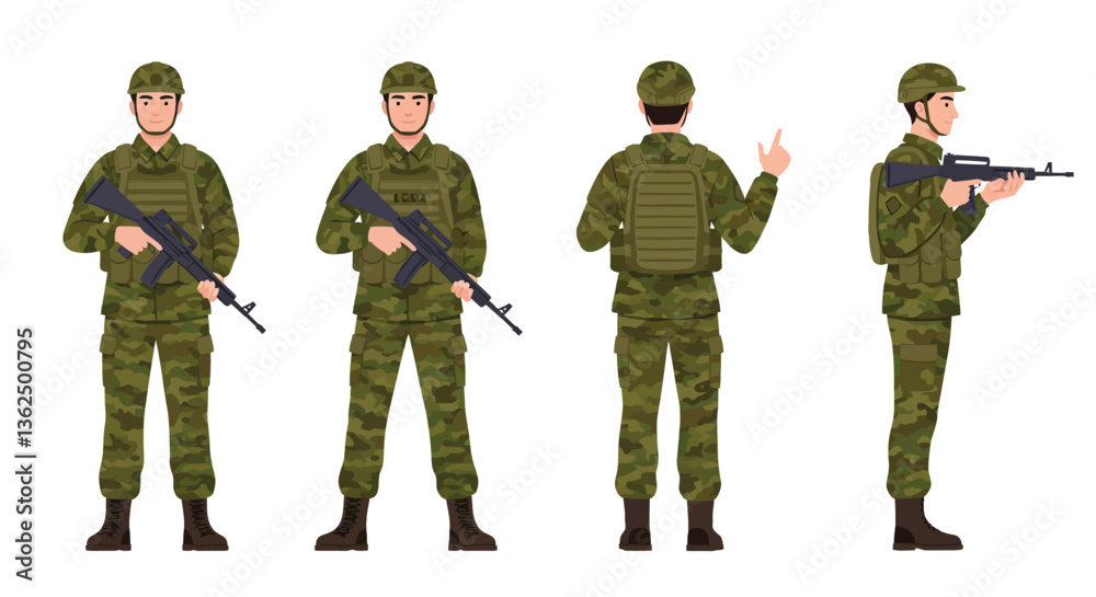 Naklejka premium Soldier in military uniform illustrated in detailed vector art style showing multiple poses and actions in vector illustration