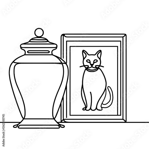 A funerary urn with a cat's portrait, vector, black line drawing, minimalistic, single line, simple line, isolated, transparent background 