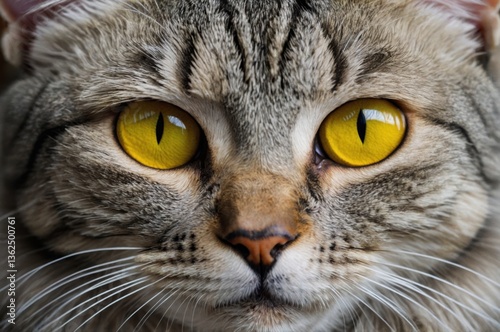 Grey cat with striking yellow eyes close-up