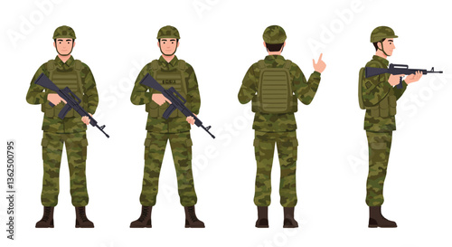 Soldier in military uniform illustrated in detailed vector art style showing multiple poses and actions in vector illustration