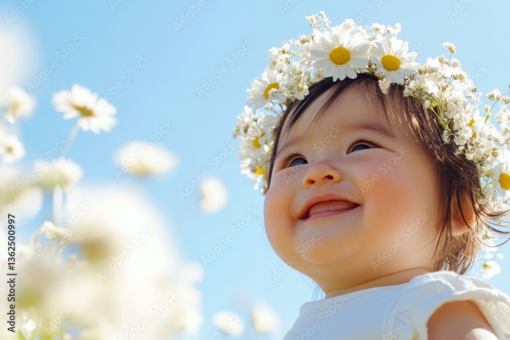 Happy asian infant girl wearing white flower circlet on her head. Early sunshine. Happy vacation time symbol. Playful summer vibes for girls. Free-spirited girl in a sunny field. Happy asian infant girl wearing white flower circlet on her head. Early sunshine. Happy vacation time symbol. Playful summer vibes for girls. Free-spirited girl in a sunny field.
