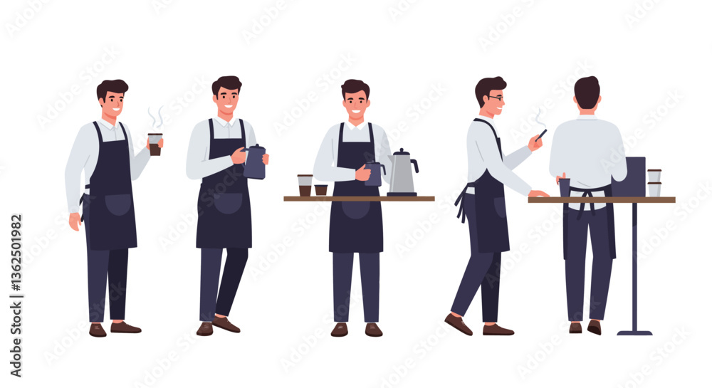 Obraz premium Barista preparing coffee, interacting with customers, flat vector illustration
