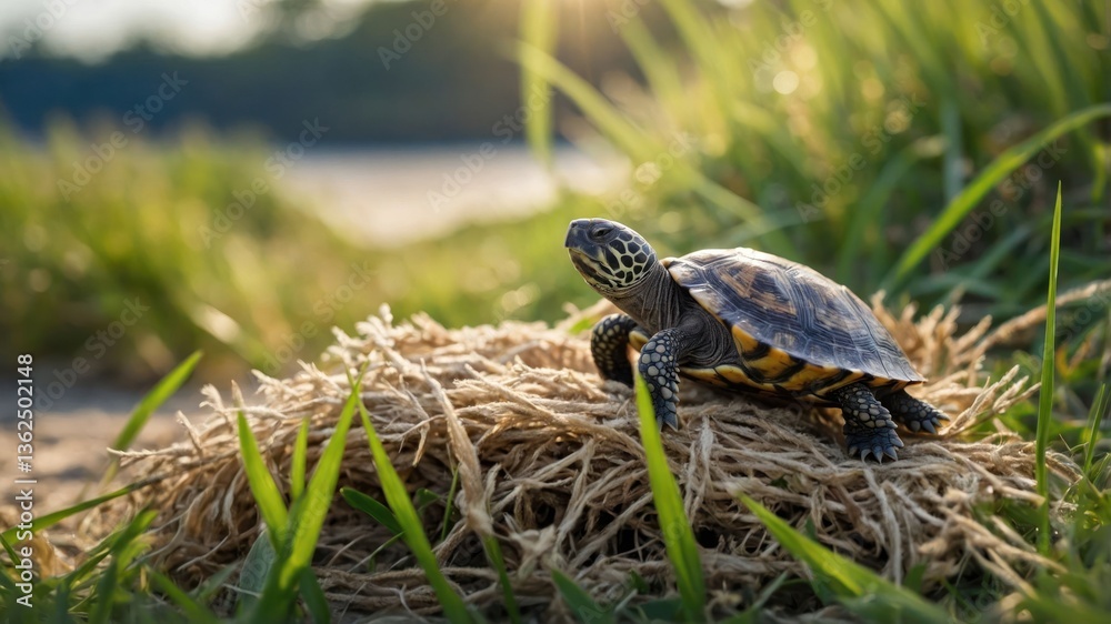 Fototapeta premium A turtle resting on a nest of straw amidst lush green grass and a serene background.