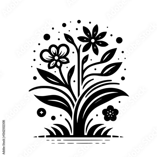 Intricate Black and White Floral Illustration: A stylized garden arrangement of blossoming flowers, leaves, and dotted elements against a pure white backdrop, with a minimalist aesthetic.
