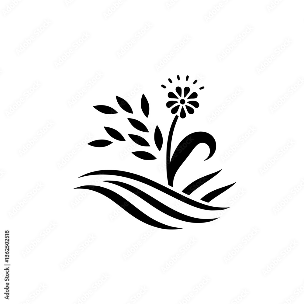Fototapeta premium Minimalist Black and White Floral Design: A Stylized Flower, Wheat, and Wavy Elements on White.