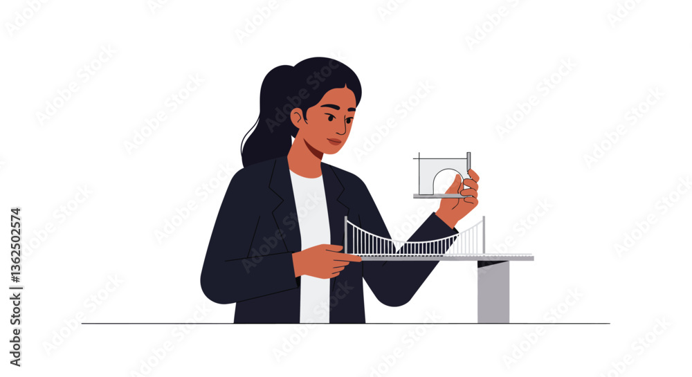 Engineer analyzing data while holding a model bridge in flat vector art Engineer analyzing data while holding a model bridge in flat vector art