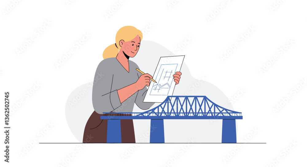Engineer sketching bridge design in minimal style vector art Engineer sketching bridge design in minimal style vector art