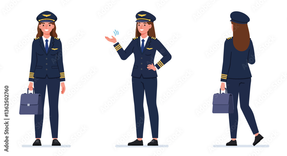 Obraz premium Female airline pilot character in flat design vector illustration showing different poses and expressions