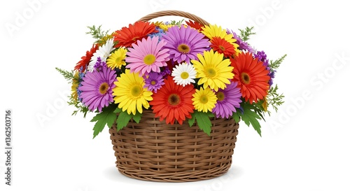 Colorful bouquet of flowers in a basket with yellow daisies, orange chrysanthemums, and pink blossoms, perfect for a spring or summer gift decoration
