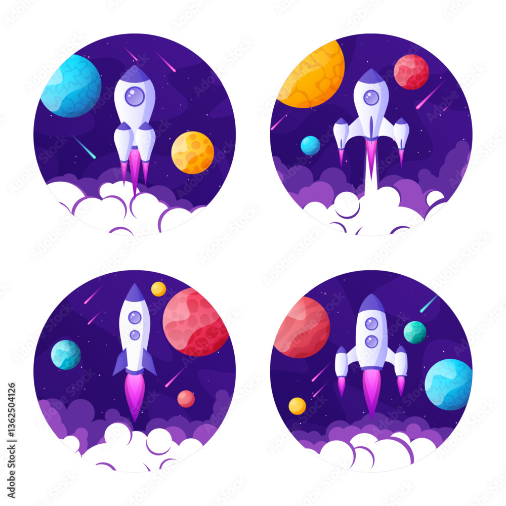 Fototapeta premium Rocket launch, space futuristic colorful background with planets and stars. Cartoon starship, spaceship in night sky. Solar system, galaxy and universe exploration. Vector illustration