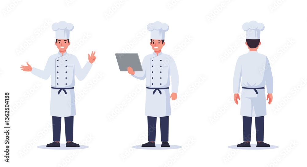 Chef character progression in flat design style showcasing different poses and actions in vector illustration Chef character progression in flat design style showcasing different poses and actions in vector illustration